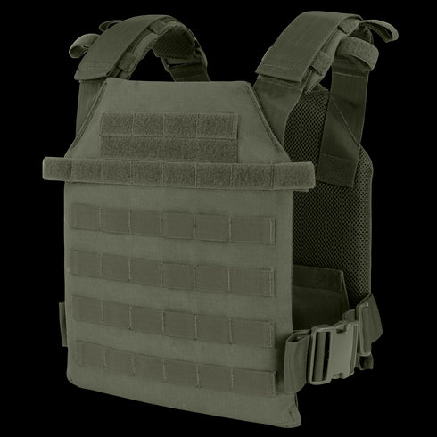 The Condor Sentry Plate Carrier in olive green features multiple attachment points, adjustable shoulder straps, and side buckles—ideal for bushcraft or everyday EDC—shown on a plain background.